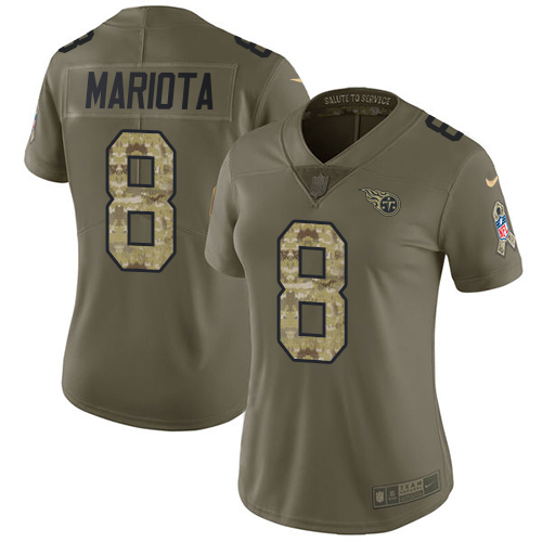 Nike Titans #8 Marcus Mariota Olive/Camo Women's Stitched NFL Limited Salute to Service Jersey - Click Image to Close